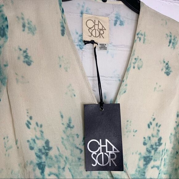 Chaser Boho Blue Silk Chiffon Floral Tapestry Bell Sleeve Fringe Romper - Picture 14 of 16